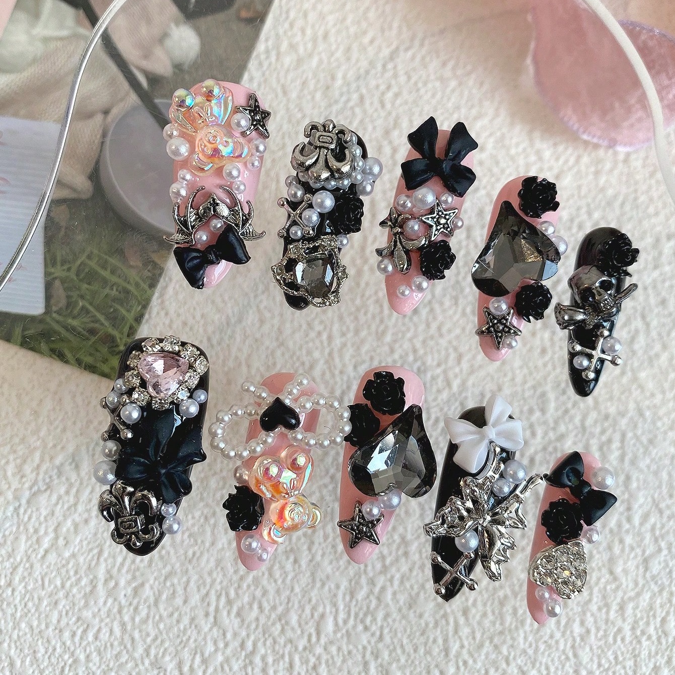 10pcs Long Coffin Pink Black G - Nail Art Gothic reseña y precio