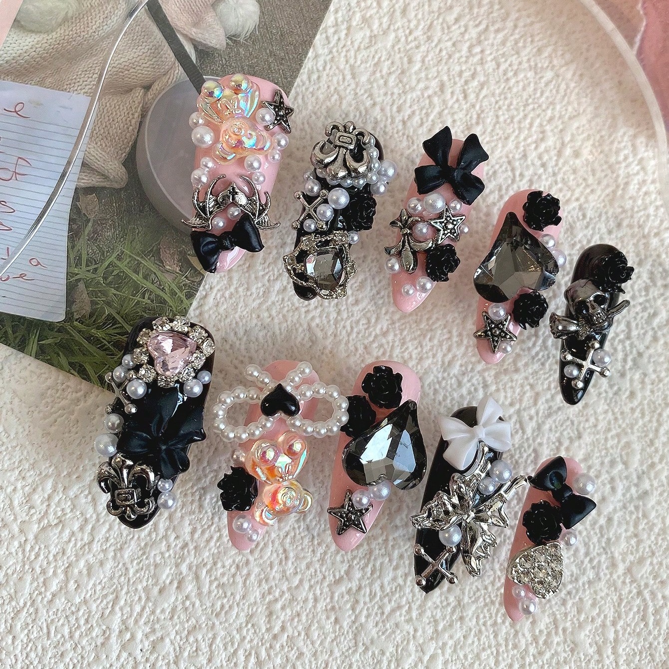 10pcs Long Coffin Pink Black G - Nail Art Gothic reseña y precio